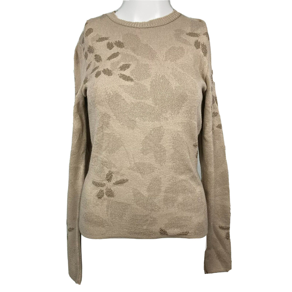 Tricot Chic Sweater Womens Sz 4 Beige Metallic Knit Floral Long‎ Sleeve Pullover